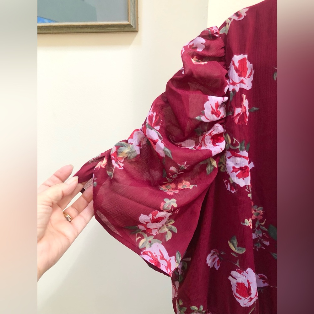 Maurices Burgundy Floral Wrap Looking Top with Frilly Sleeves - Picture 6 of 6